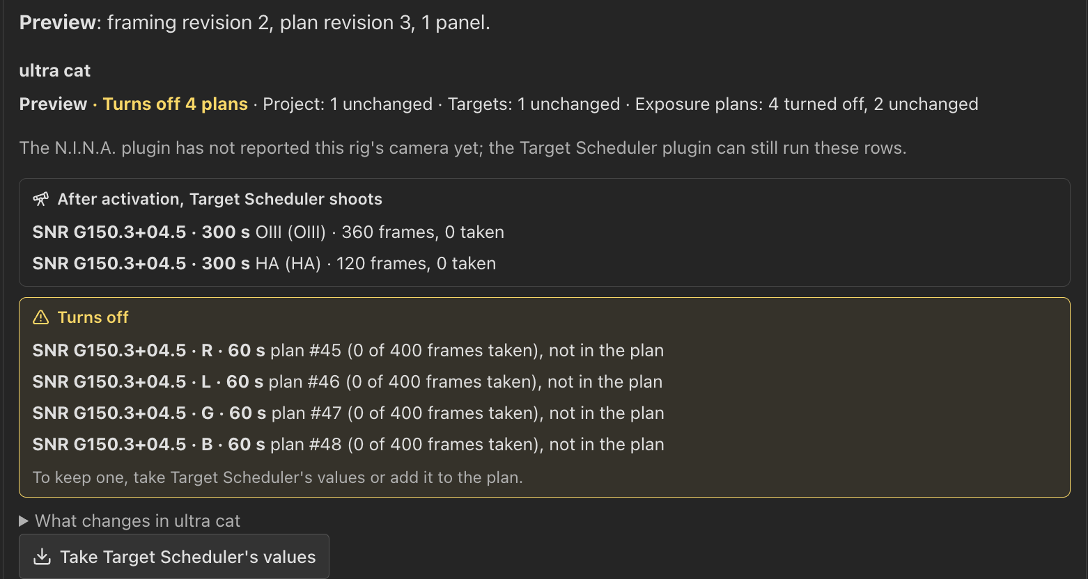 The preview lists the four Target Scheduler plans that activation would turn off.