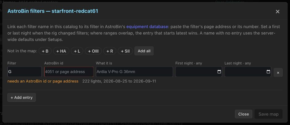 An unsaved G filter entry with AstroBin ID and date fields, and suggestions for the catalog's other filters