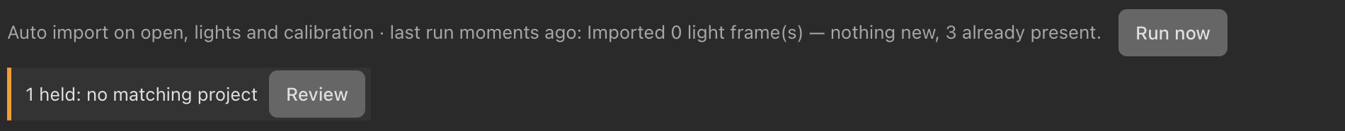 Automatic import holds a new target for review when no project matches it.
