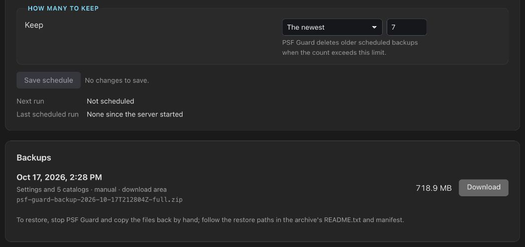 Backup retention set to keep the newest seven scheduled backups, with an existing manual backup available to download