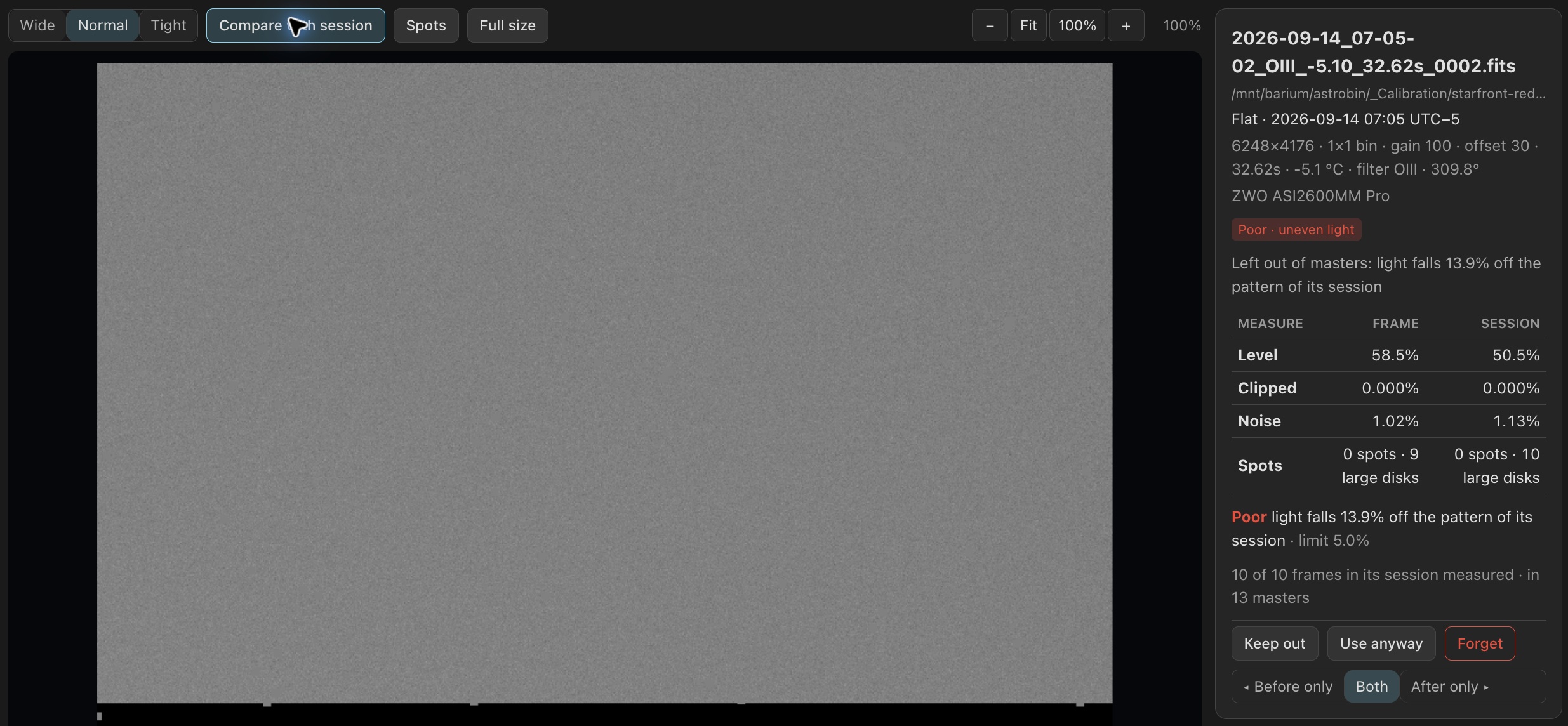 Compare a flat with its session to inspect broad changes in illumination. This flat differs by 13.9%.