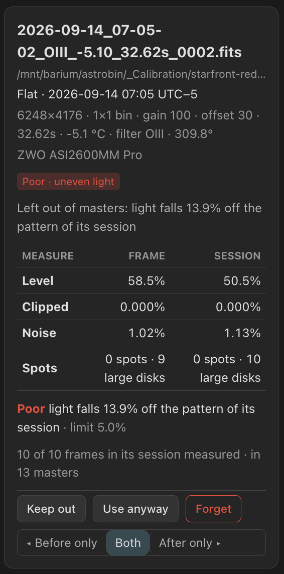 This flat's illumination differs from its session by 13.9%, above the 5% limit, so it is left out of masters.