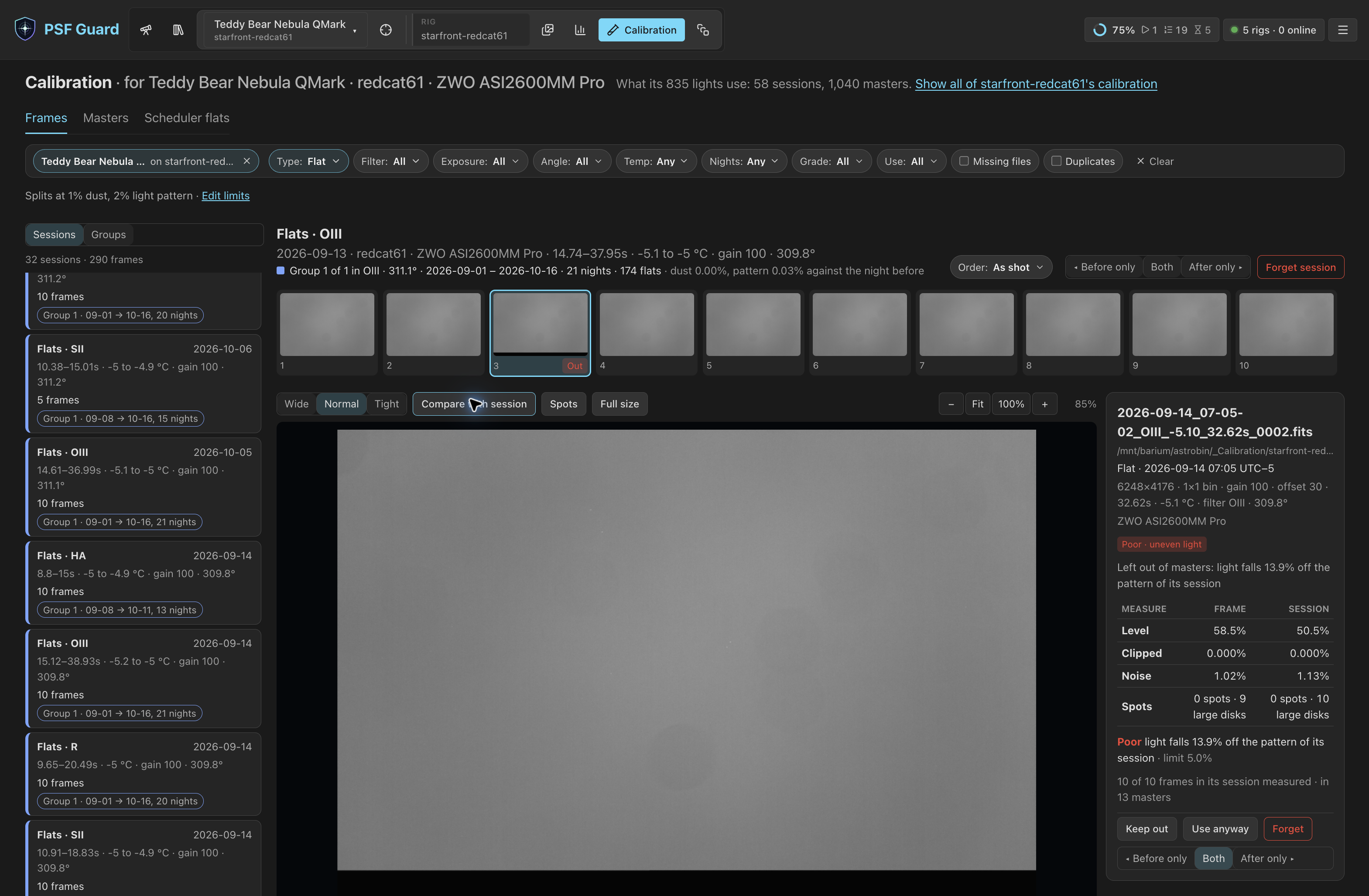 Browse calibration sessions, select a frame and inspect the measurements behind its grade.