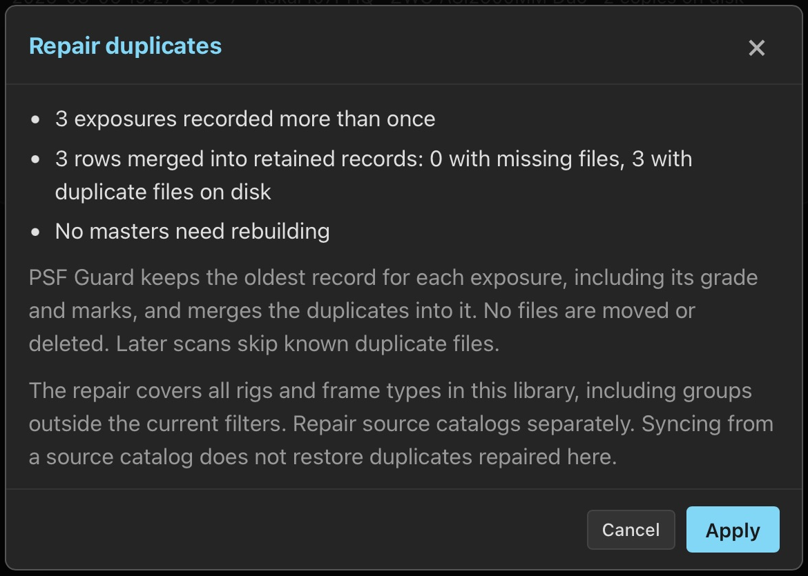 Repair duplicates preview: three exposures recorded more than once, three rows to merge, no missing files and no masters to rebuild.