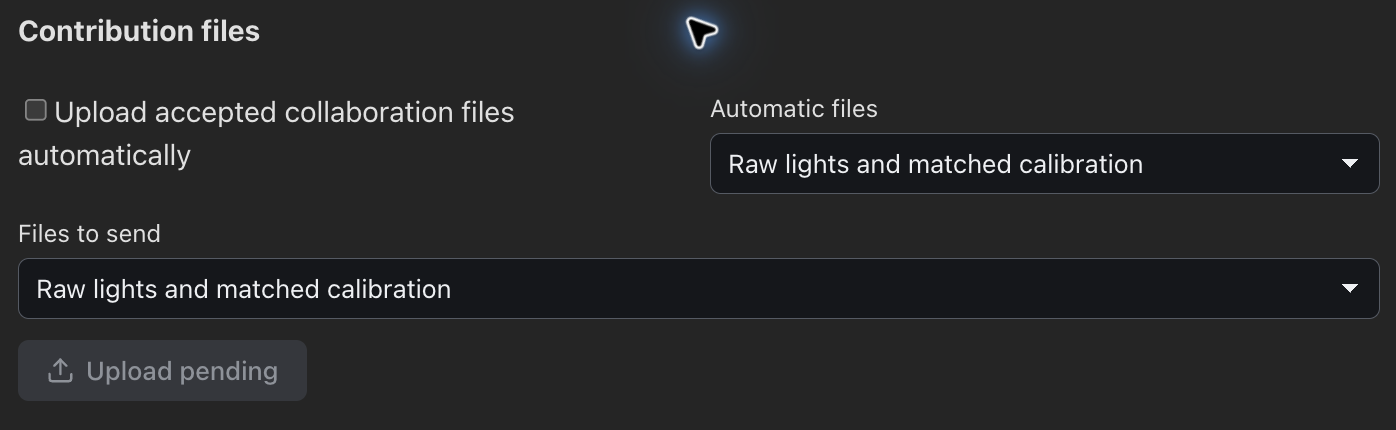 Choose which contribution files to send. Upload is disabled when no accepted files are pending.