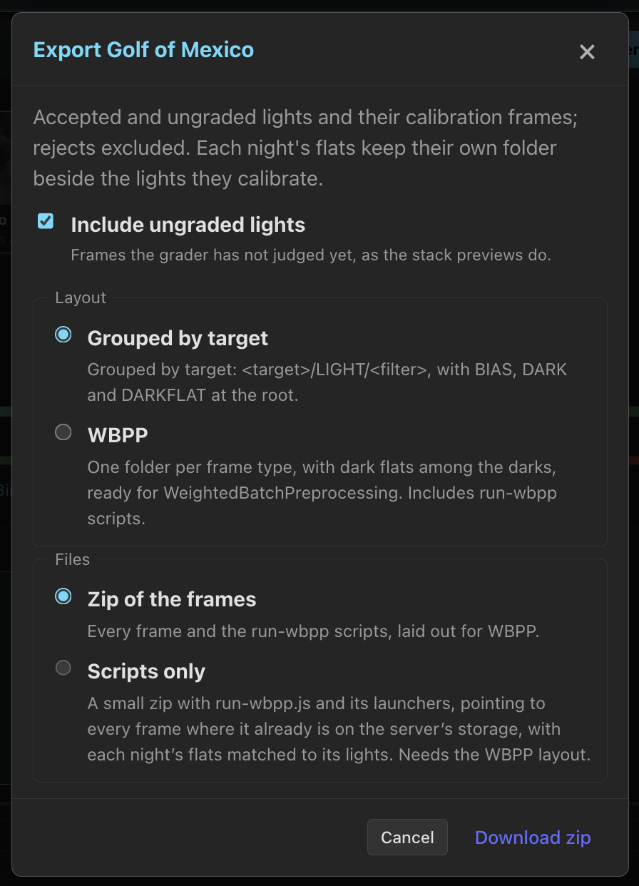 Choose the frame selection, folder layout and output format before exporting.