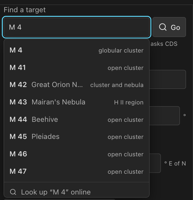 Find a target suggestions for M 4: local catalog rows with object kinds and a Look up online row