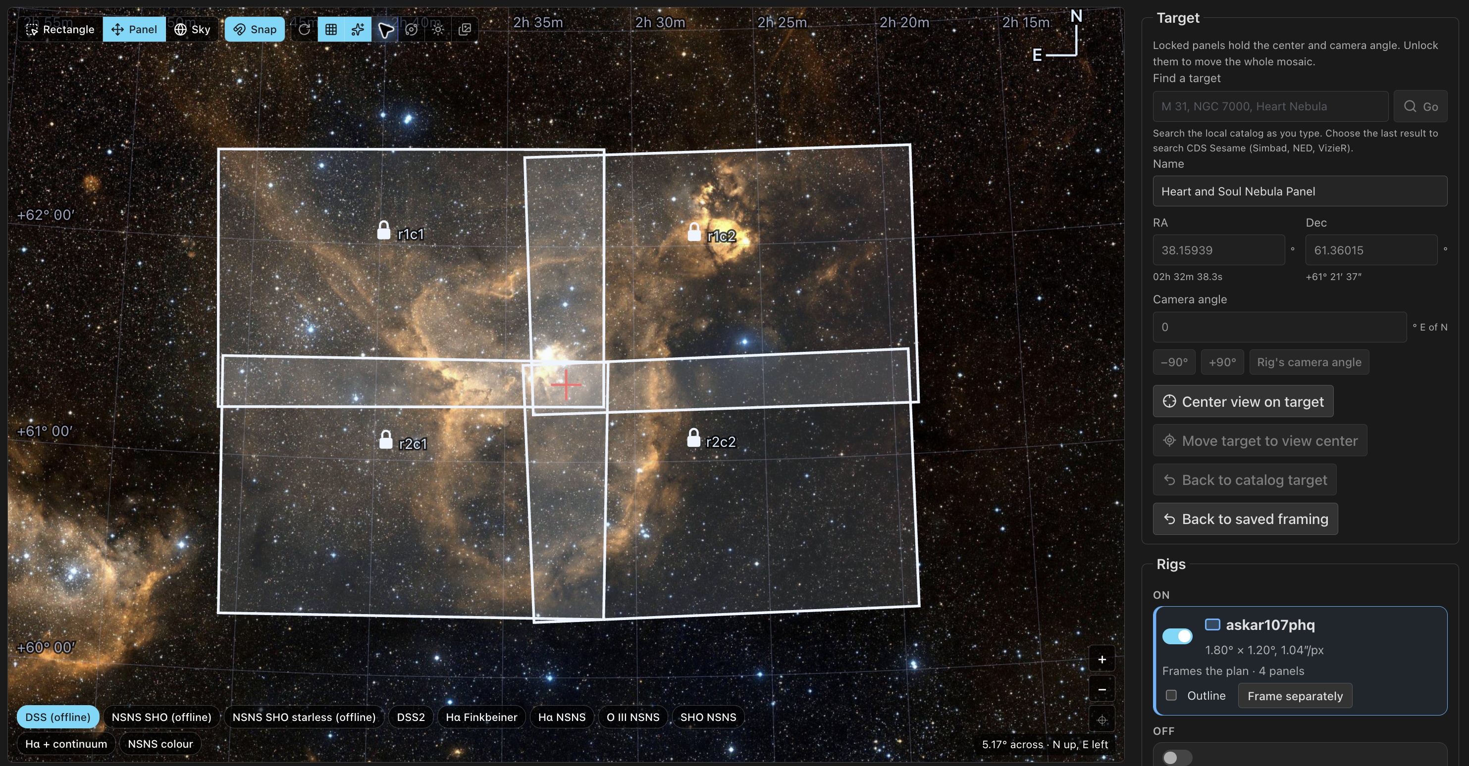 Compare the mosaic footprint with the survey image and the rig's field of view.