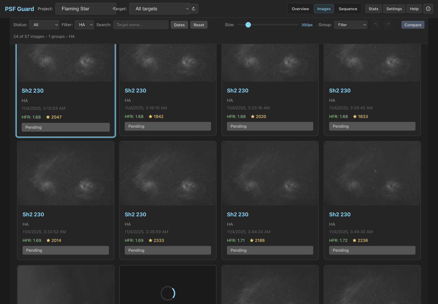 Wide desktop grid showing real Flaming Star H-alpha frames and the compact controls