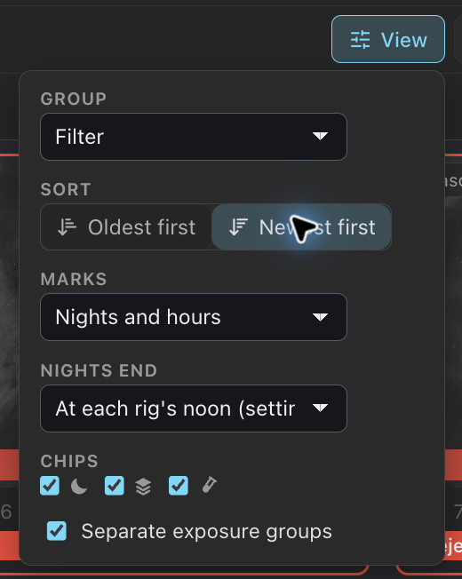 Choose grouping, order, night marks and score chips in View.