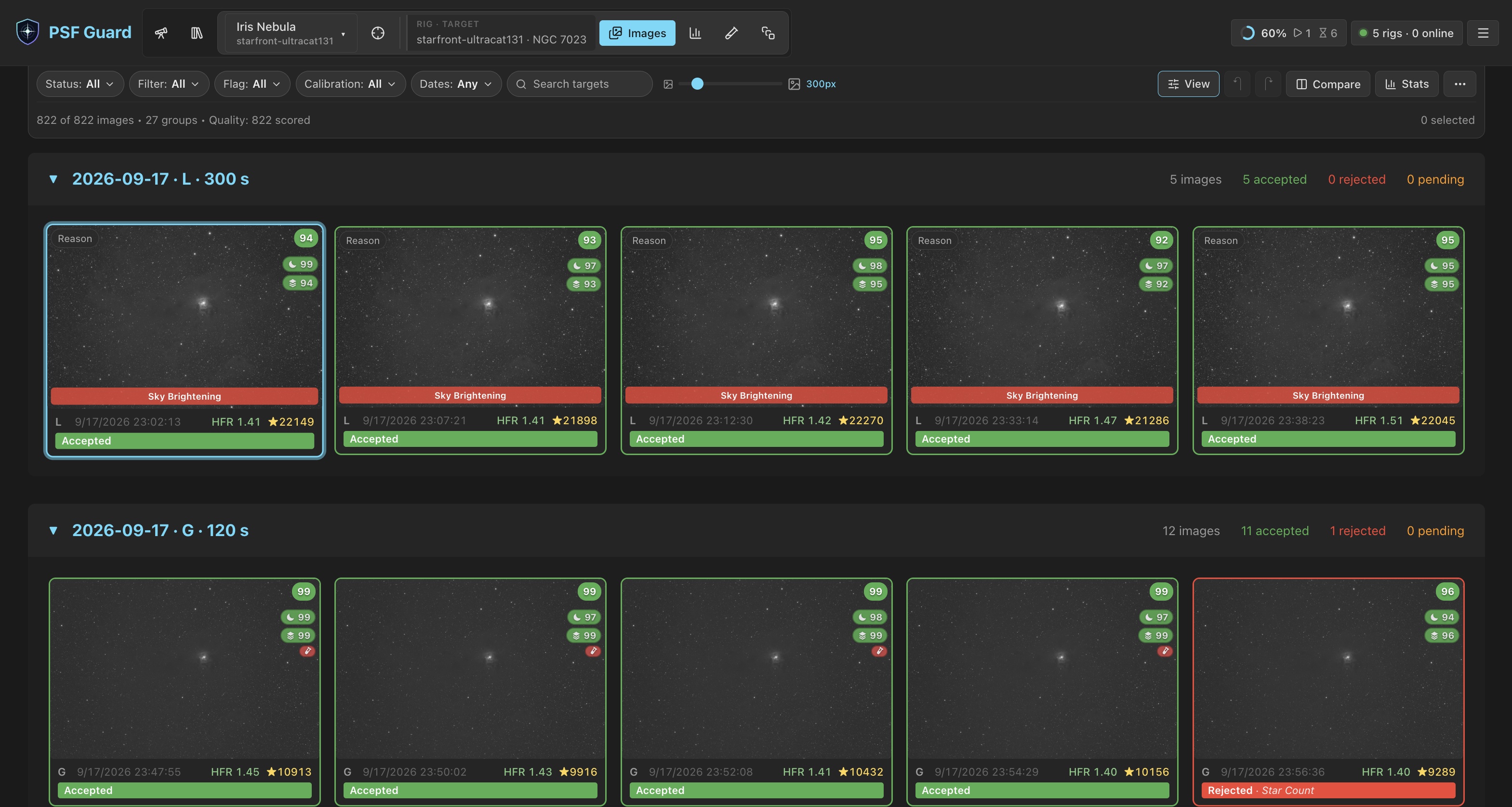 Images for the Iris Nebula: the compact toolbar of filter pills and tools above cards with score chips, filter, time, HFR, stars and grade