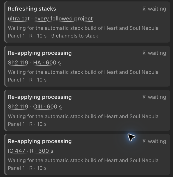 Waiting jobs identify the stack build that must finish first.