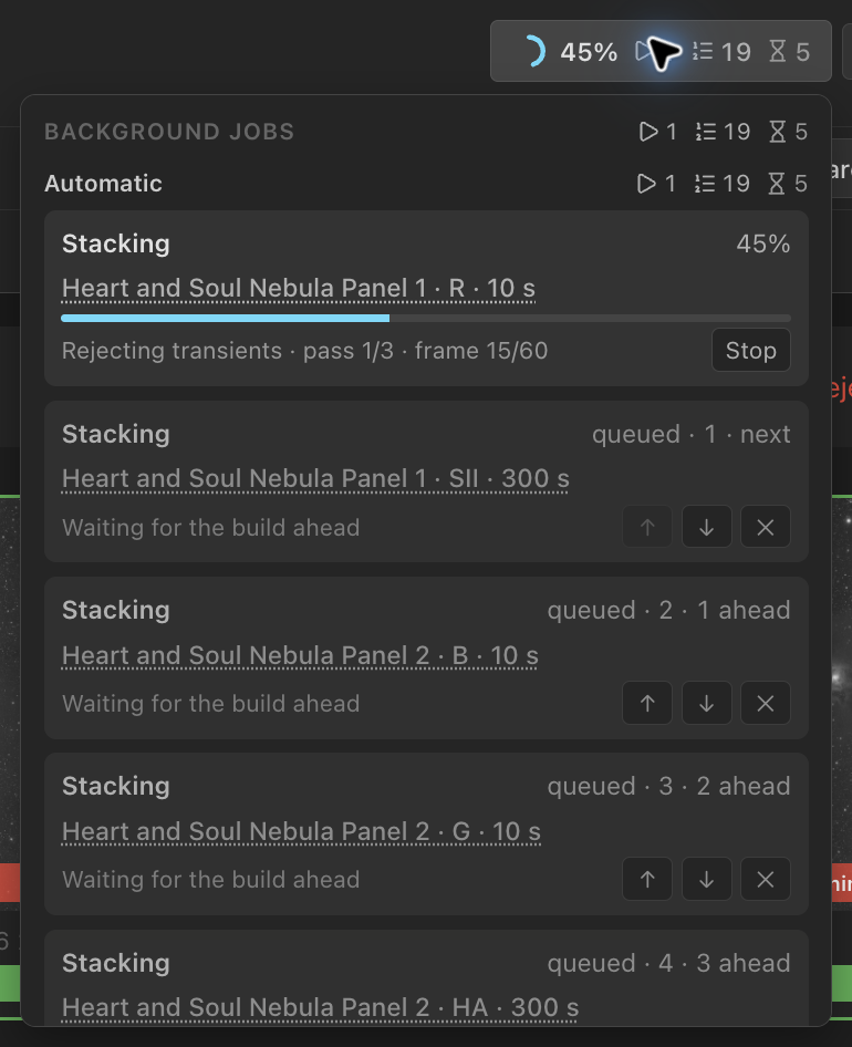 The jobs list shows the running automatic stack build and the jobs queued behind it.