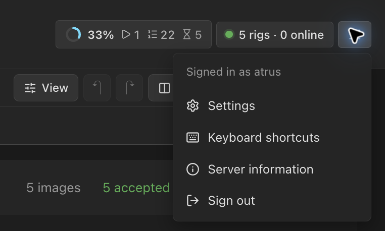 Open the menu for Settings, keyboard shortcuts and server information.