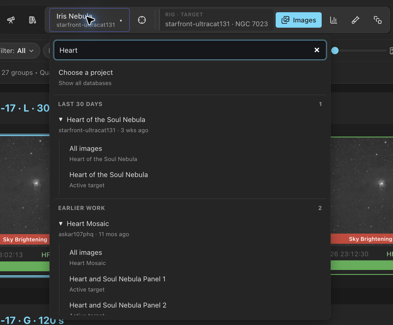 Search for a project, then choose all its images or a single target.