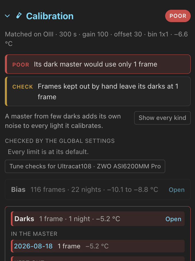 This light has a dark master made from one frame, below the minimum count.