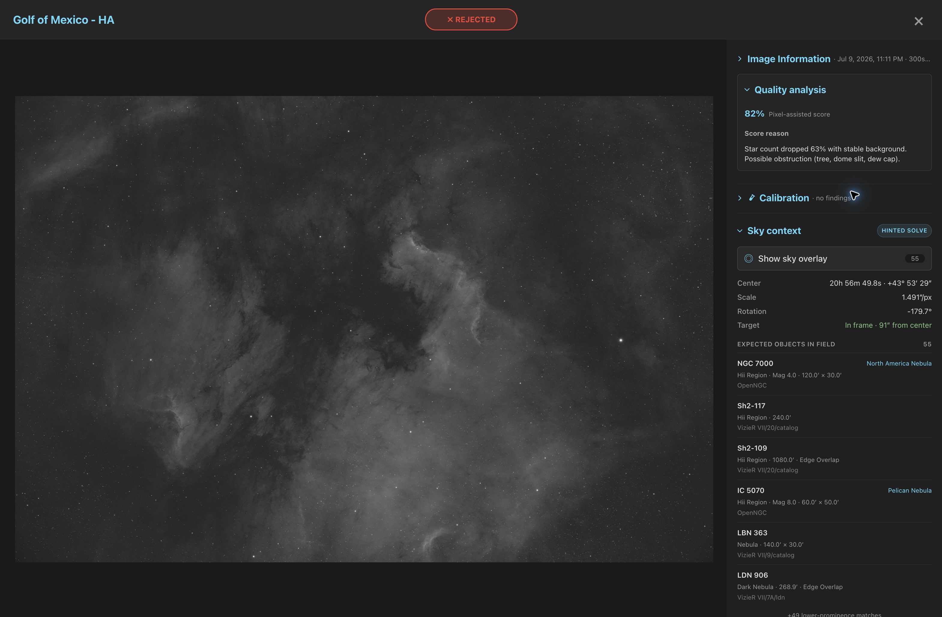 Open a frame to inspect its pixels, quality findings and solved sky context.