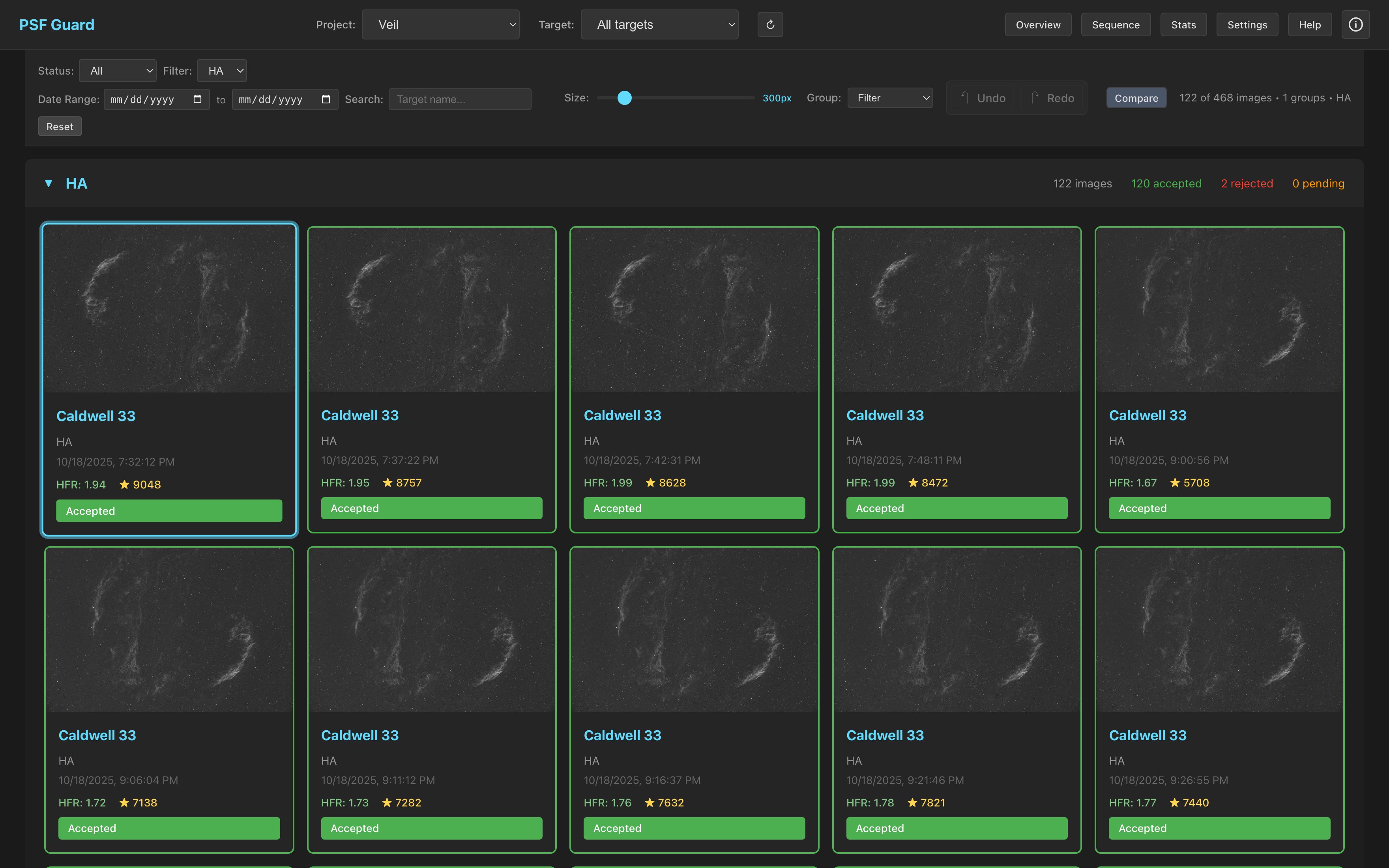 PSF Guard image grid with filtering and batch grading