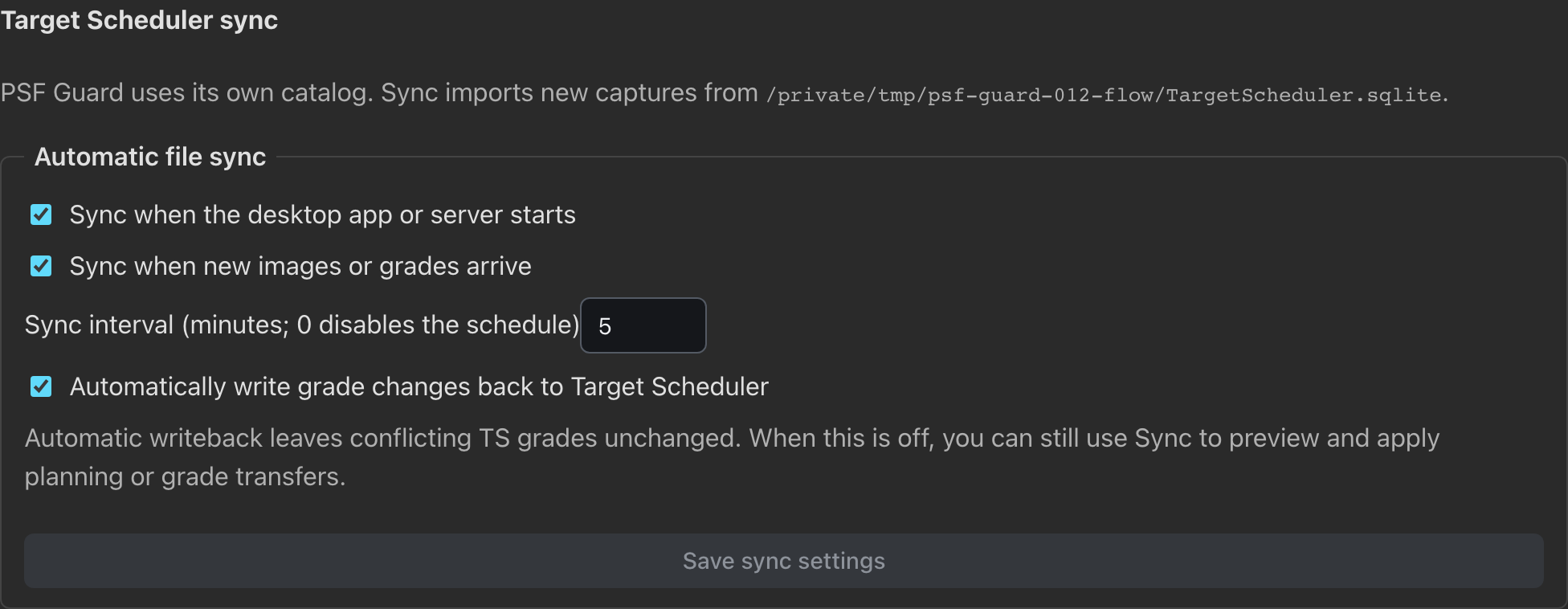 Automatic sync settings showing startup and change detection enabled, a five-minute interval and grade writeback enabled.