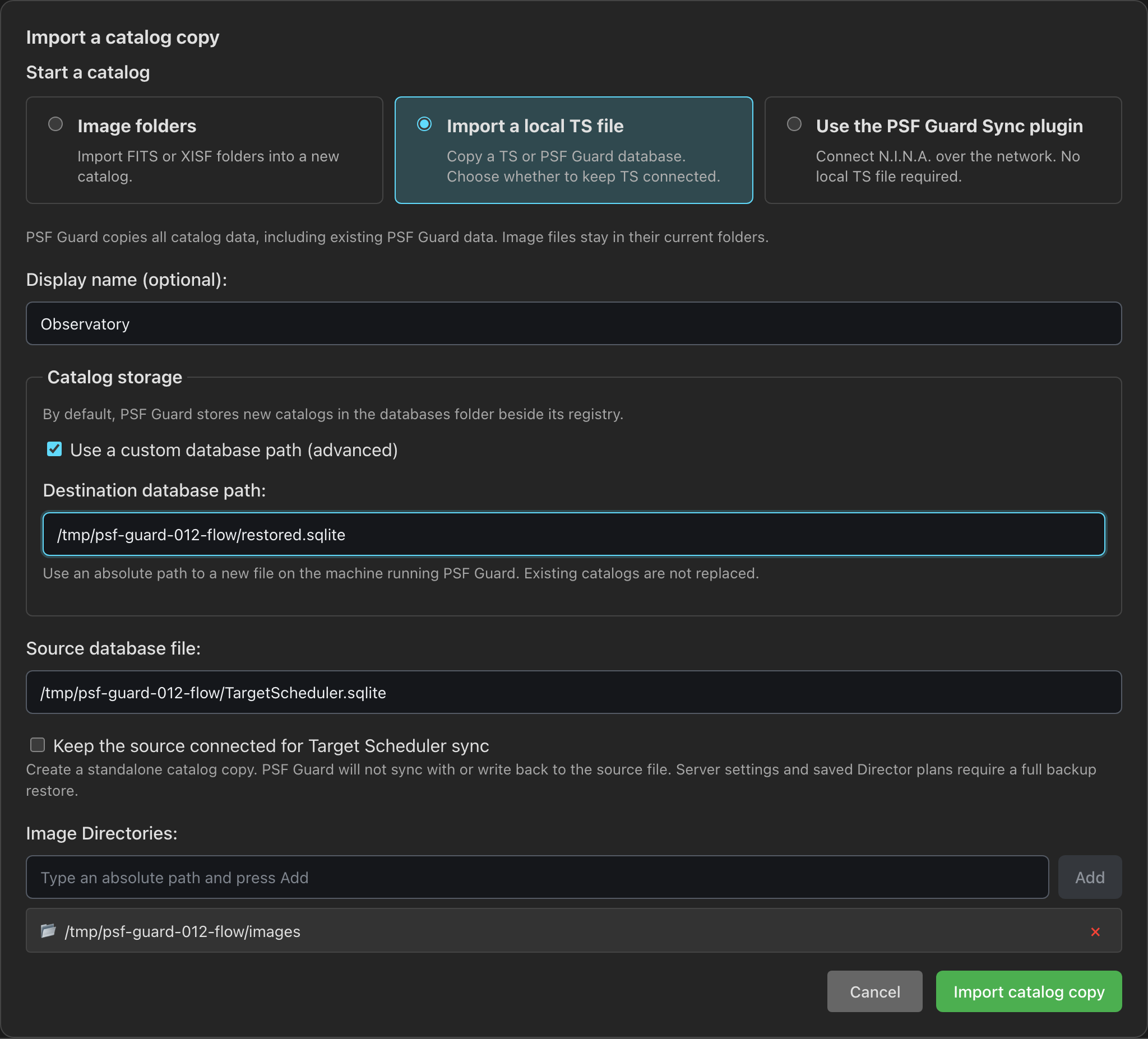 Standalone catalog copy with a custom destination path and source sync turned off.