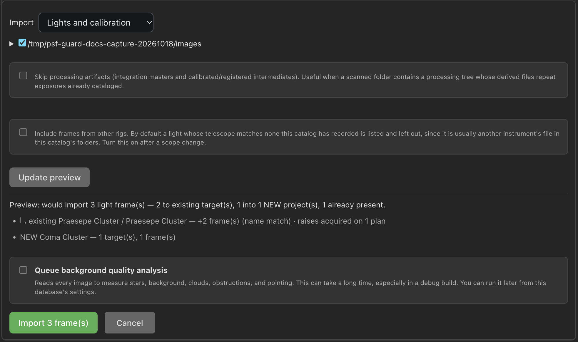 The preview separates additions to an existing target from a new project and shows which exposure-plan count will change.