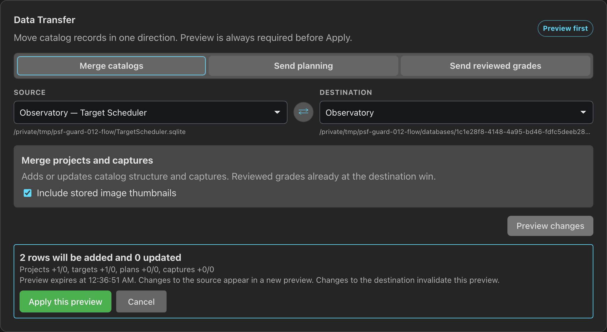 Choose the TS connection and working catalog, then review the changes before Apply.