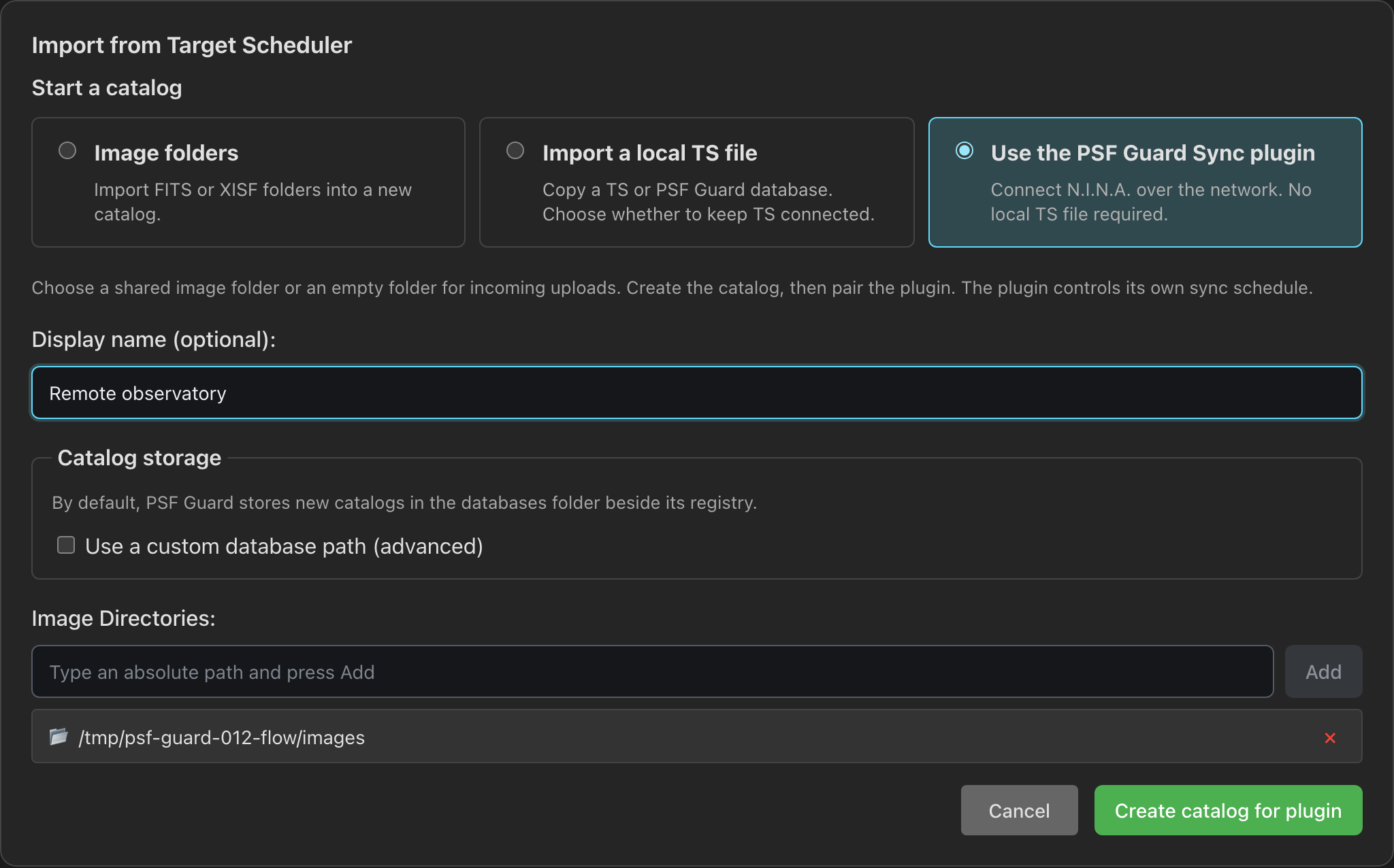Sync plugin catalog setup with an image folder and no local Target Scheduler file.