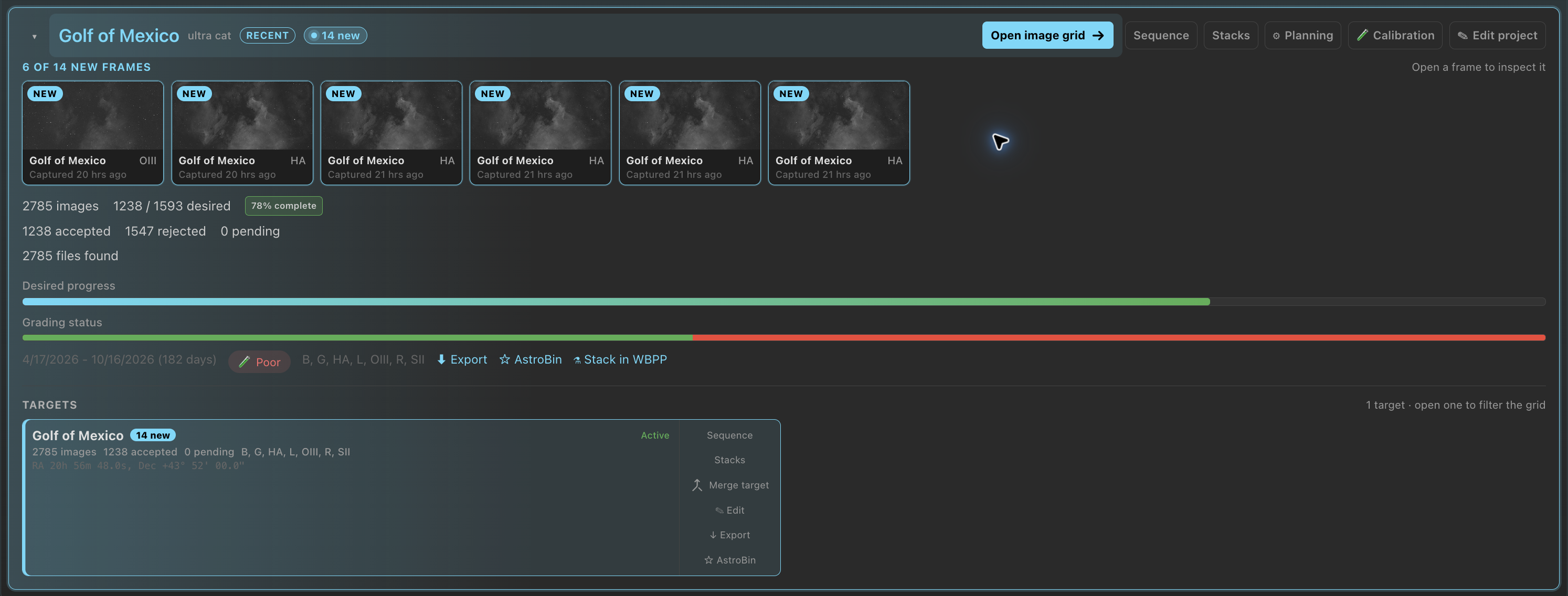 Expand a project to see its filters, progress and target actions. This is Golf of Mexico.