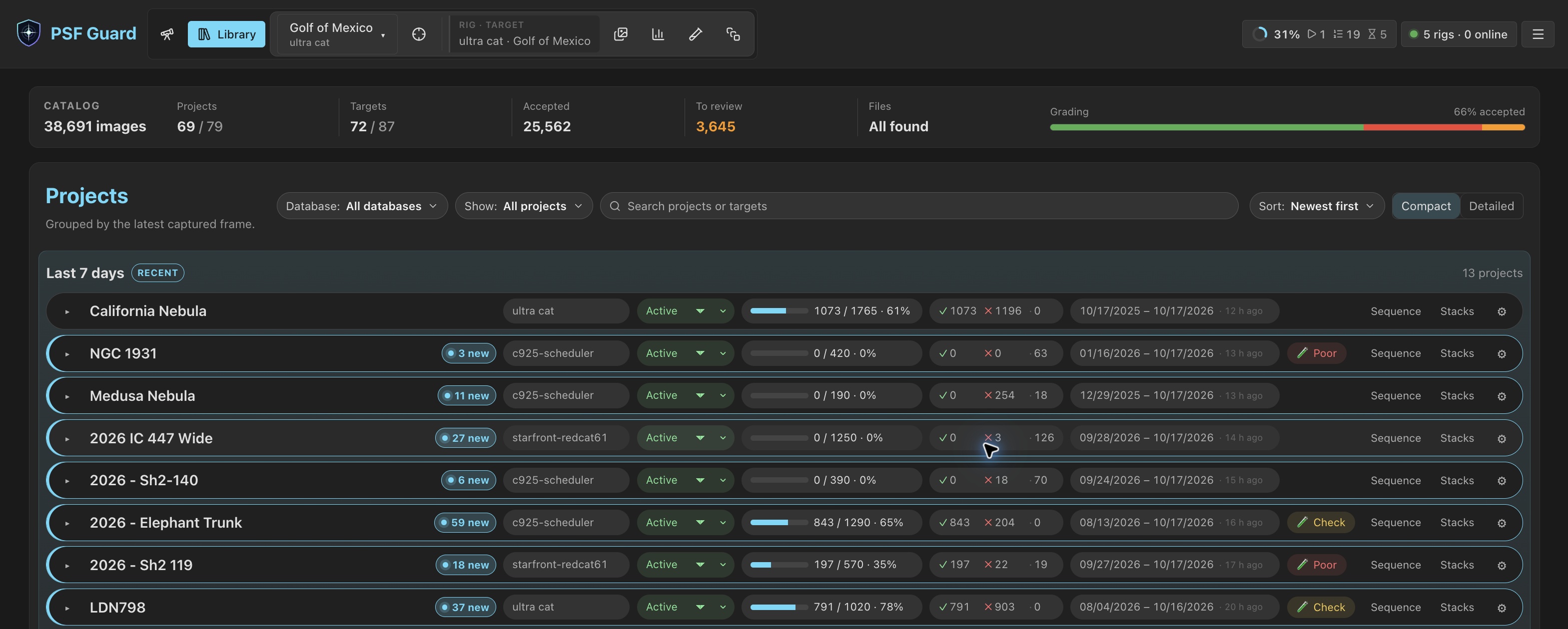 The compact Library lists projects across all databases, with counts and review status.