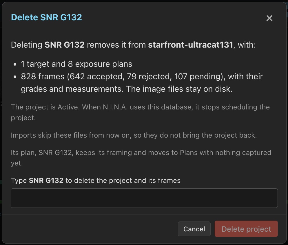 Deletion preview for SNR G132, listing one target, eight exposure plans and 828 frames, with Delete project disabled until the name is entered