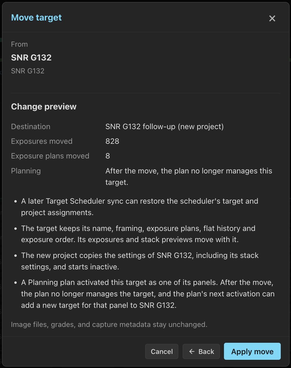 Target-move preview for SNR G132, showing 828 exposures, eight exposure plans and the effect on its Planning plan