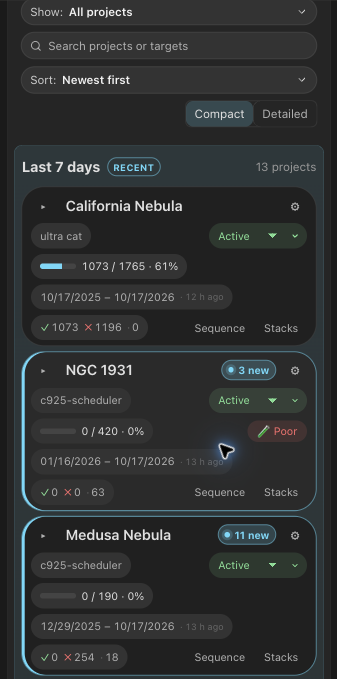 Compact project rows keep counts, calibration warnings and actions together at phone width.