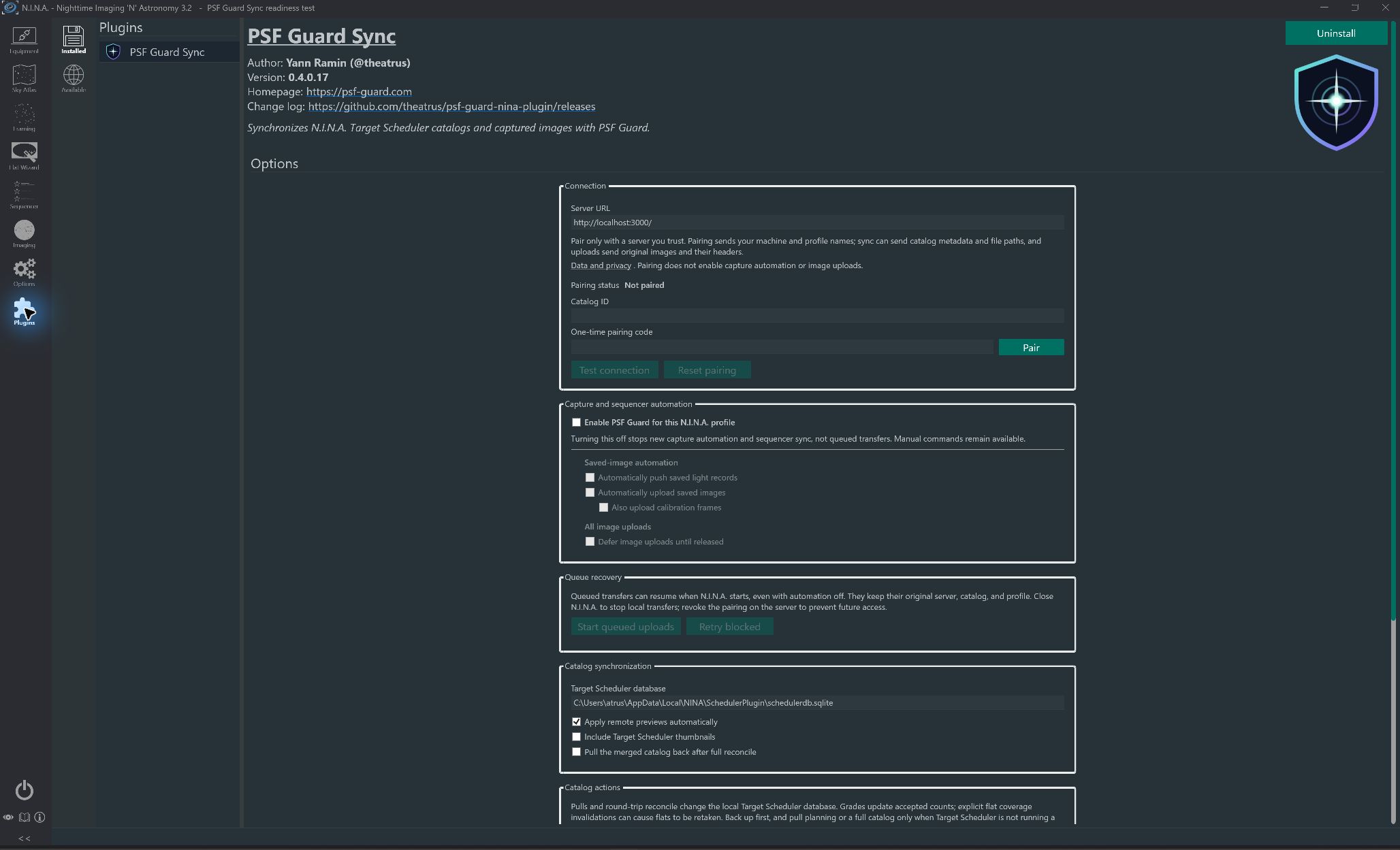 PSF Guard Sync settings in N.I.N.A., showing the server URL, pairing controls and capture automation options.
