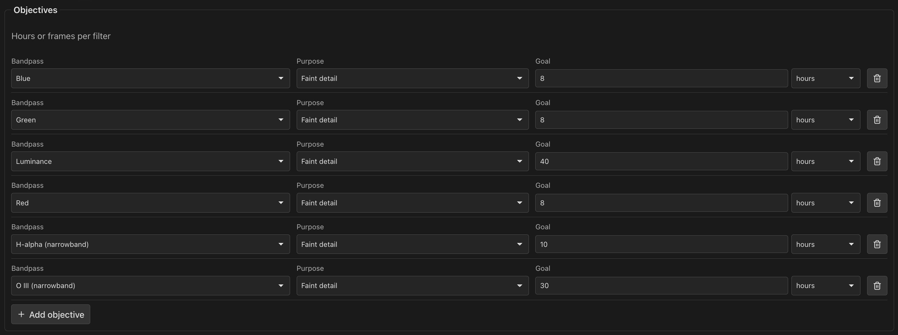 Set the exposure goal and purpose for each bandpass.