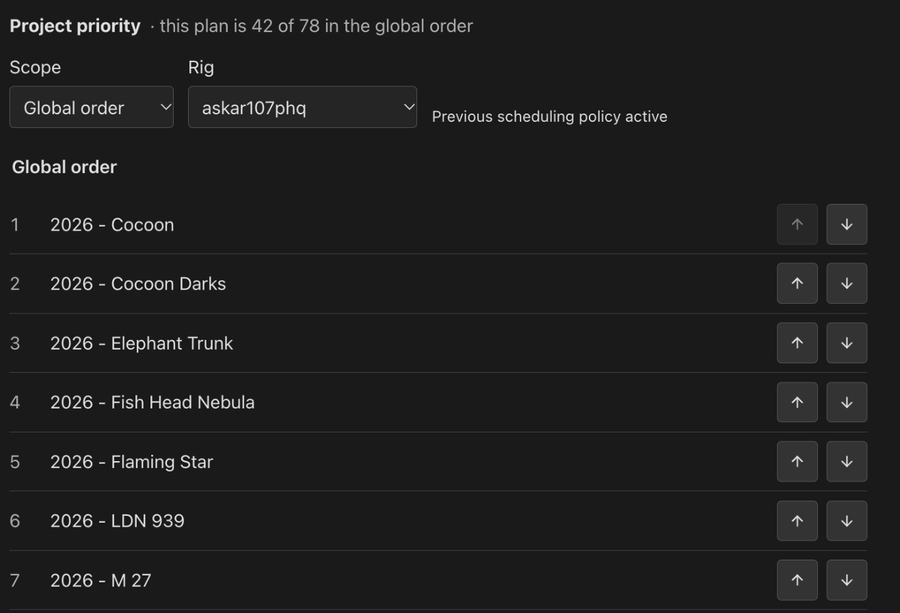 Project priority: Scope and Rig selects and the Global order with up and down buttons