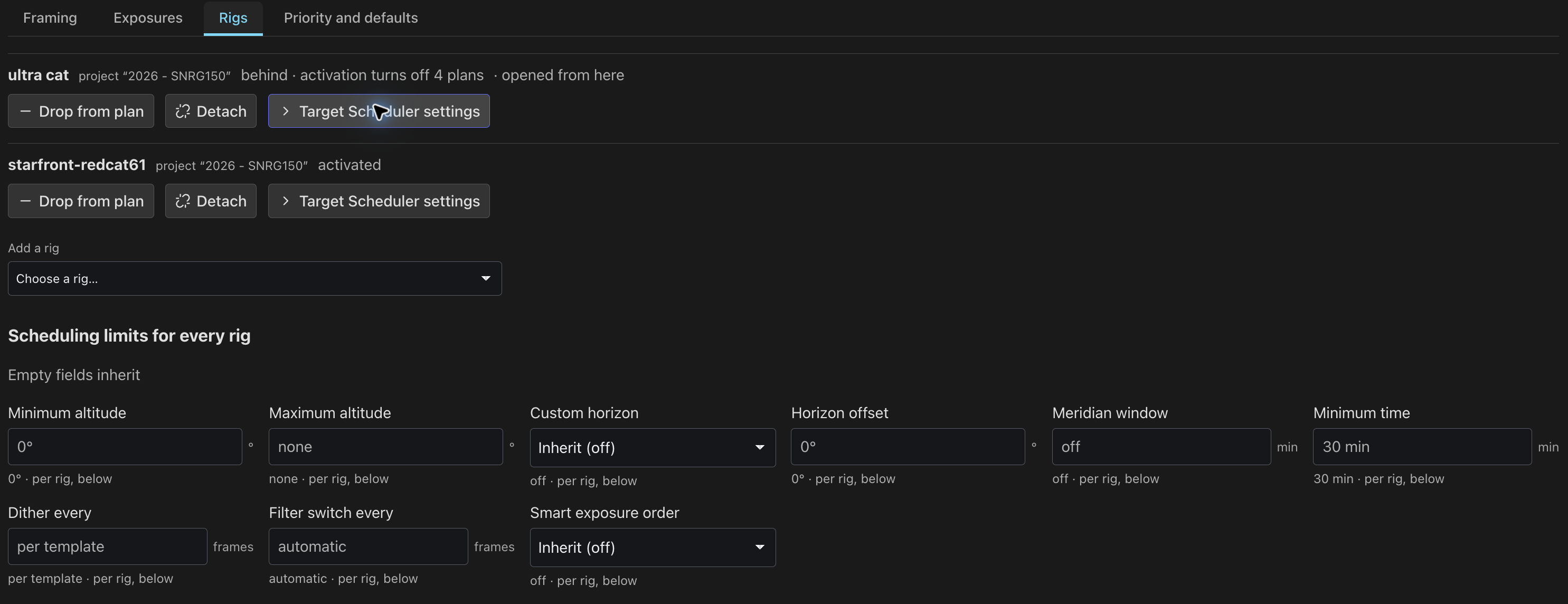 Each rig shows whether it matches the saved plan, with scheduling limits below.
