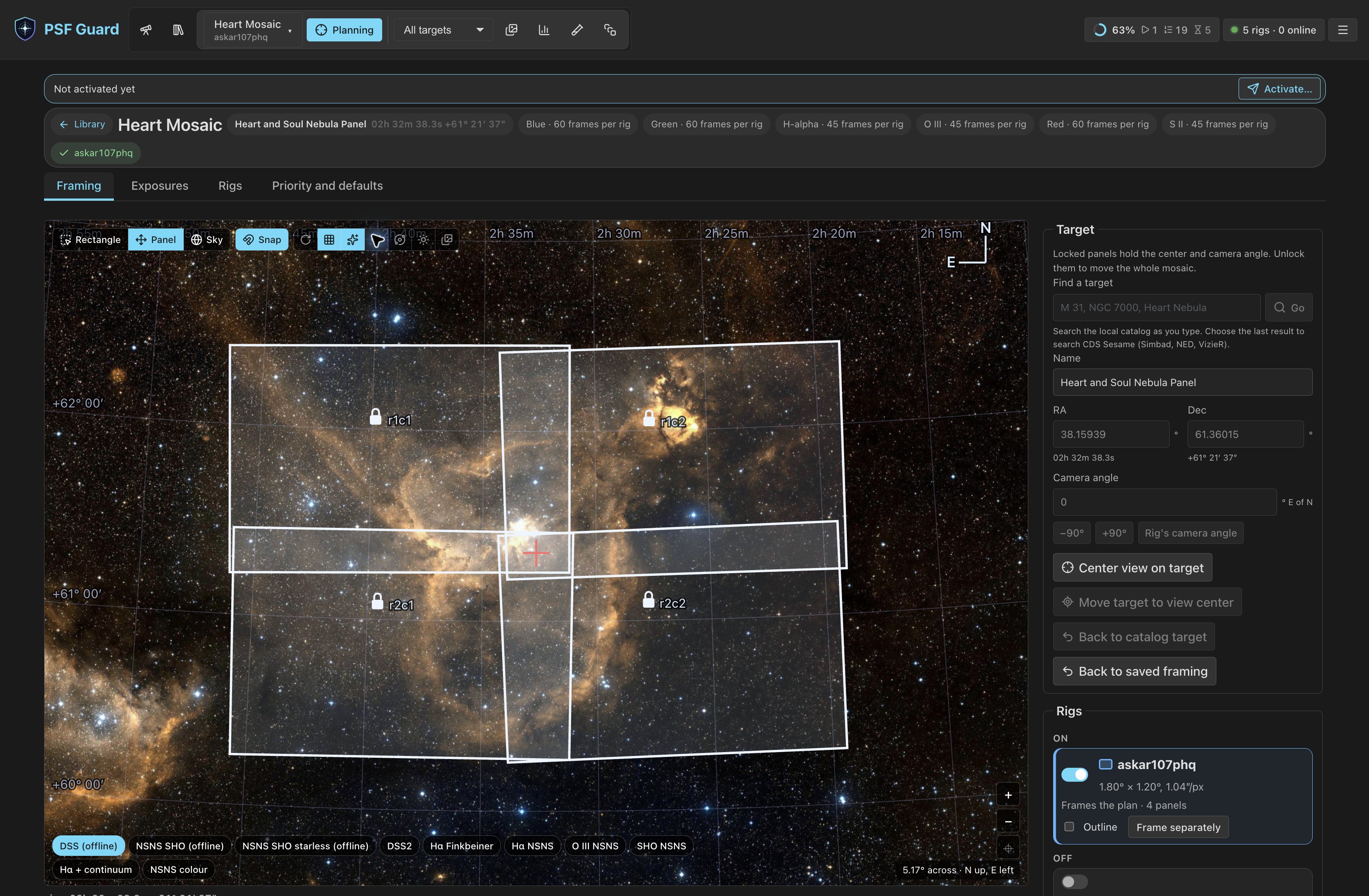 Frame Heart Mosaic over the survey image. Its four captured panels remain locked.