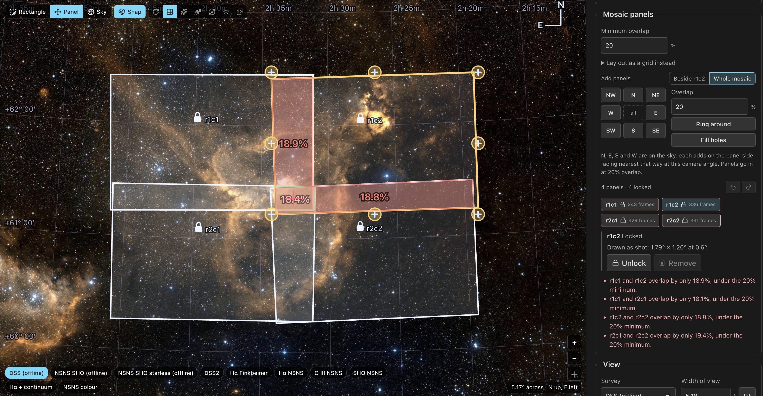 Heart Mosaic on the DSS map with four captured panels locked, r1c2 selected, and overlap below the saved 20% minimum.