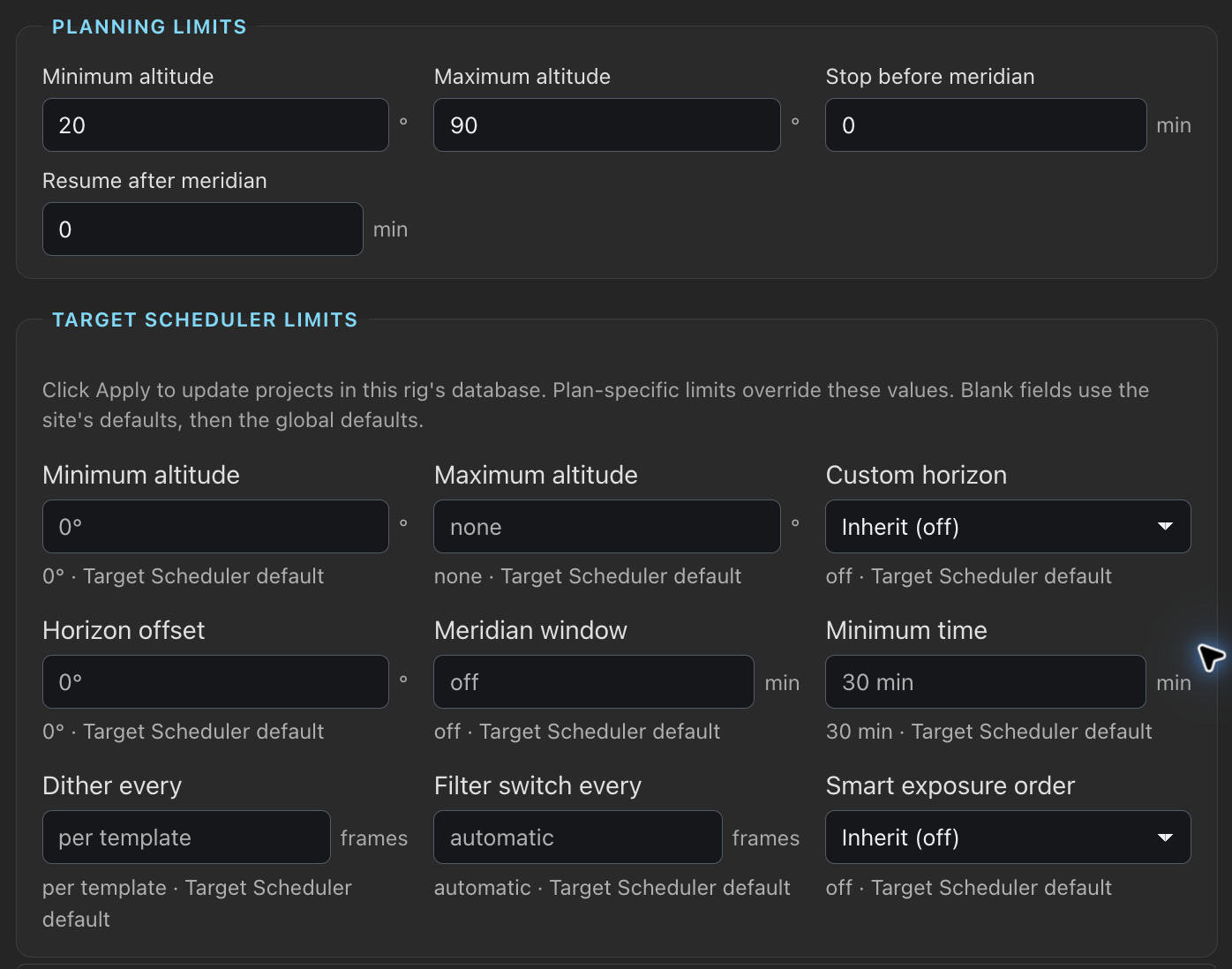 Planning limits and Target Scheduler limits have separate controls.