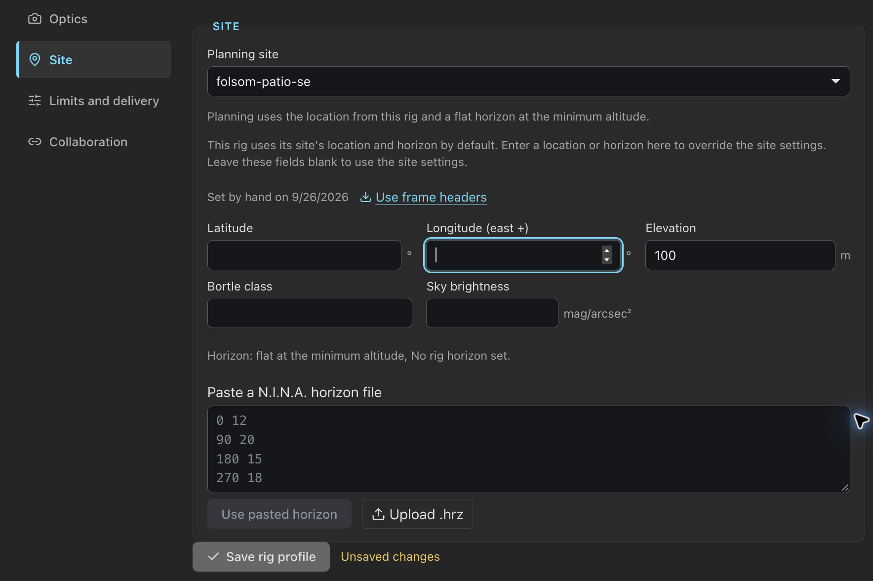 Set the rig's planning site and horizon. Coordinates are blank in this example.