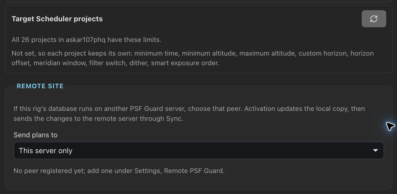 Check existing projects and choose where to send plans. No remote peer is configured here.