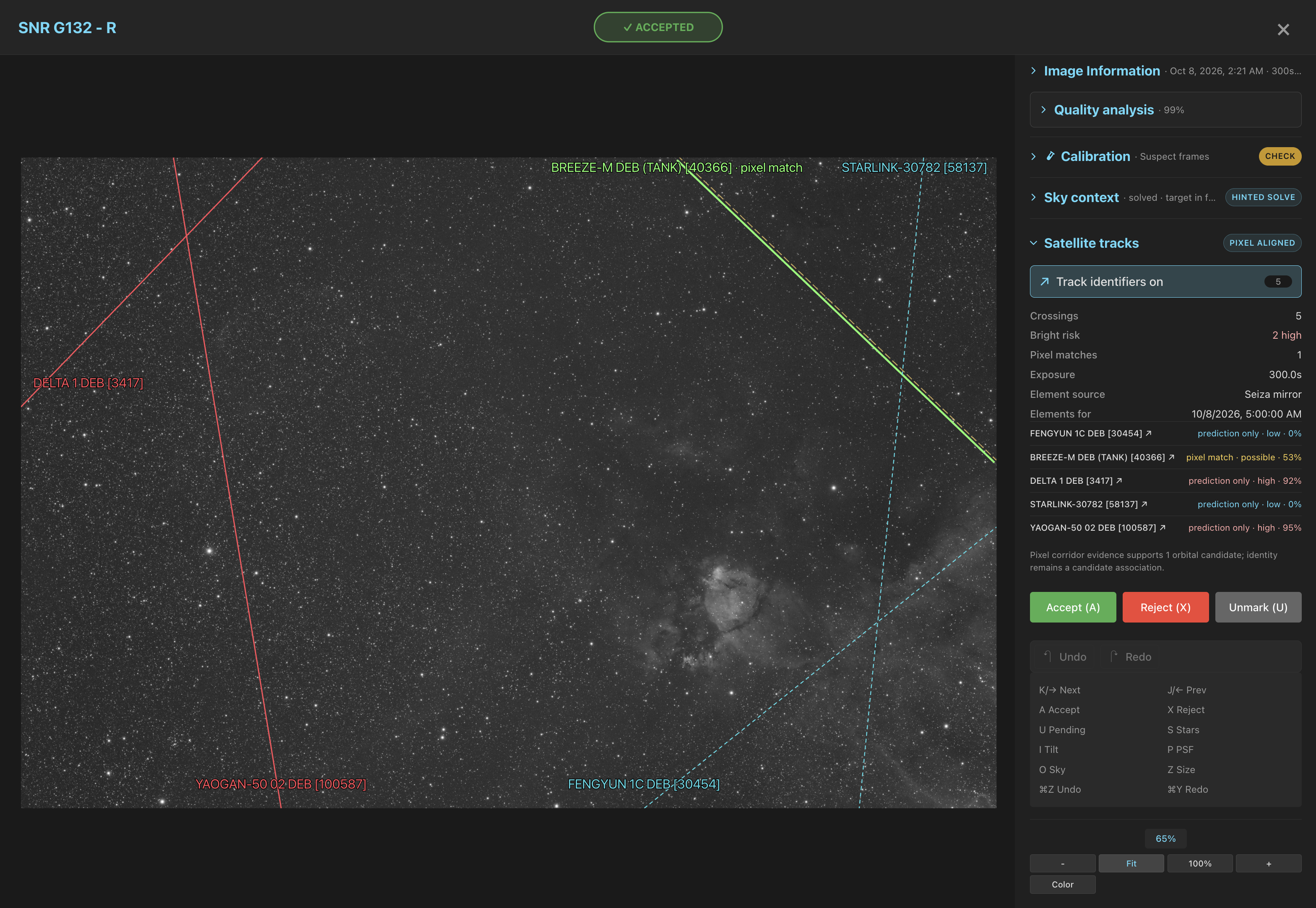 SNR G132 red exposure with five predicted crossings and one green pixel-aligned trail; Satellite tracks lists the BREEZE-M debris candidate