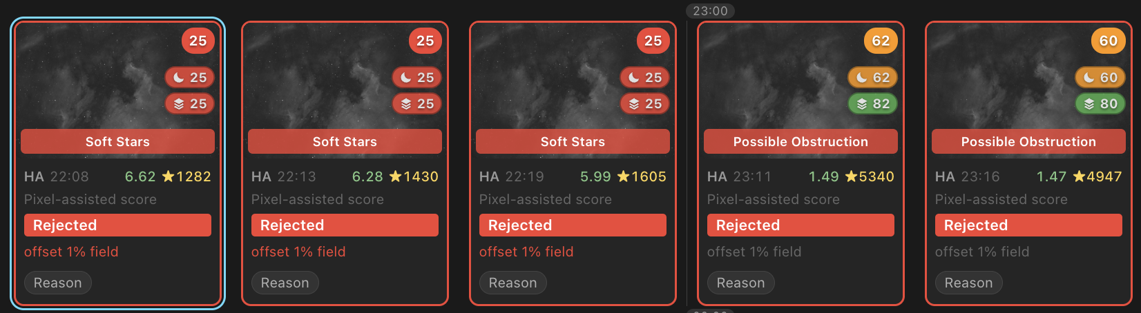 The first three frames have fewer stars and much higher HFR than the next two.