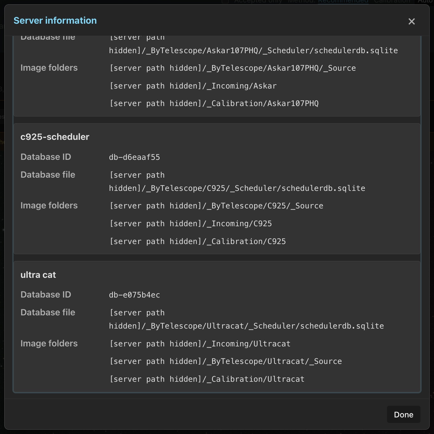 The database list scrolled to its last entries while Server information and Done remain visible