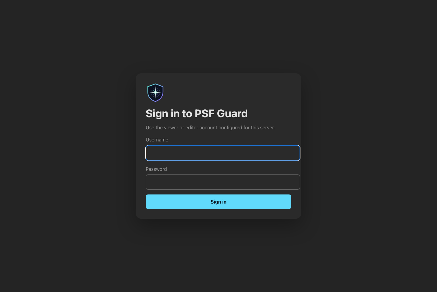 The PSF Guard server login page