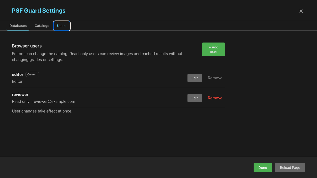 The Users tab in PSF Guard Settings, listing an editor and a read-only reviewer