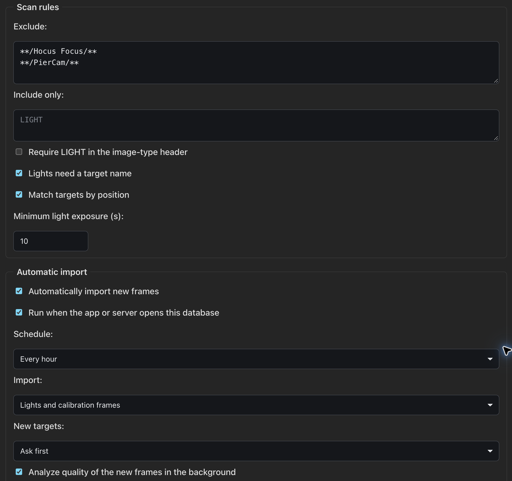Set scan exclusions, target matching and review rules before enabling automatic import.