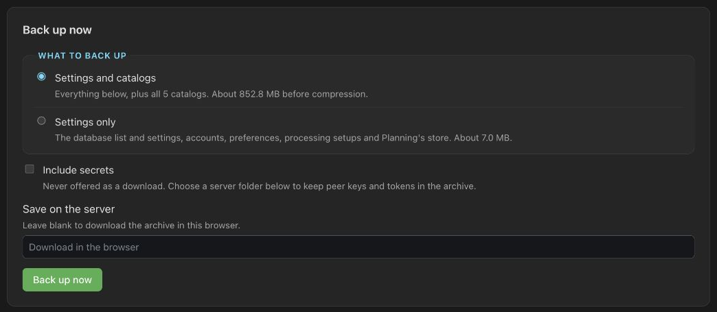 Back up settings and catalogs. Leave the server folder blank to download an archive without secrets.