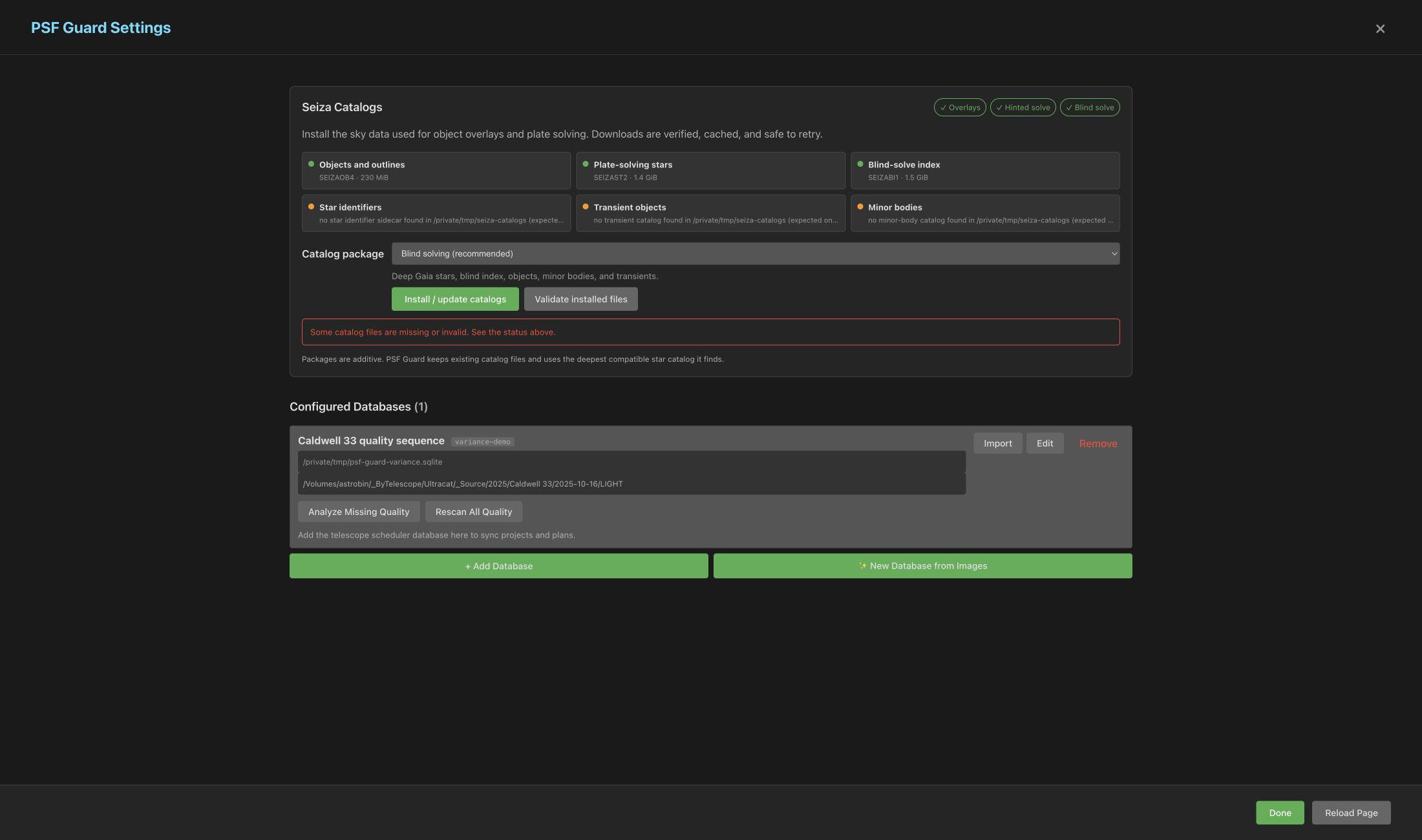 Settings showing Analyze Missing Quality and Rescan All Quality on a configured database