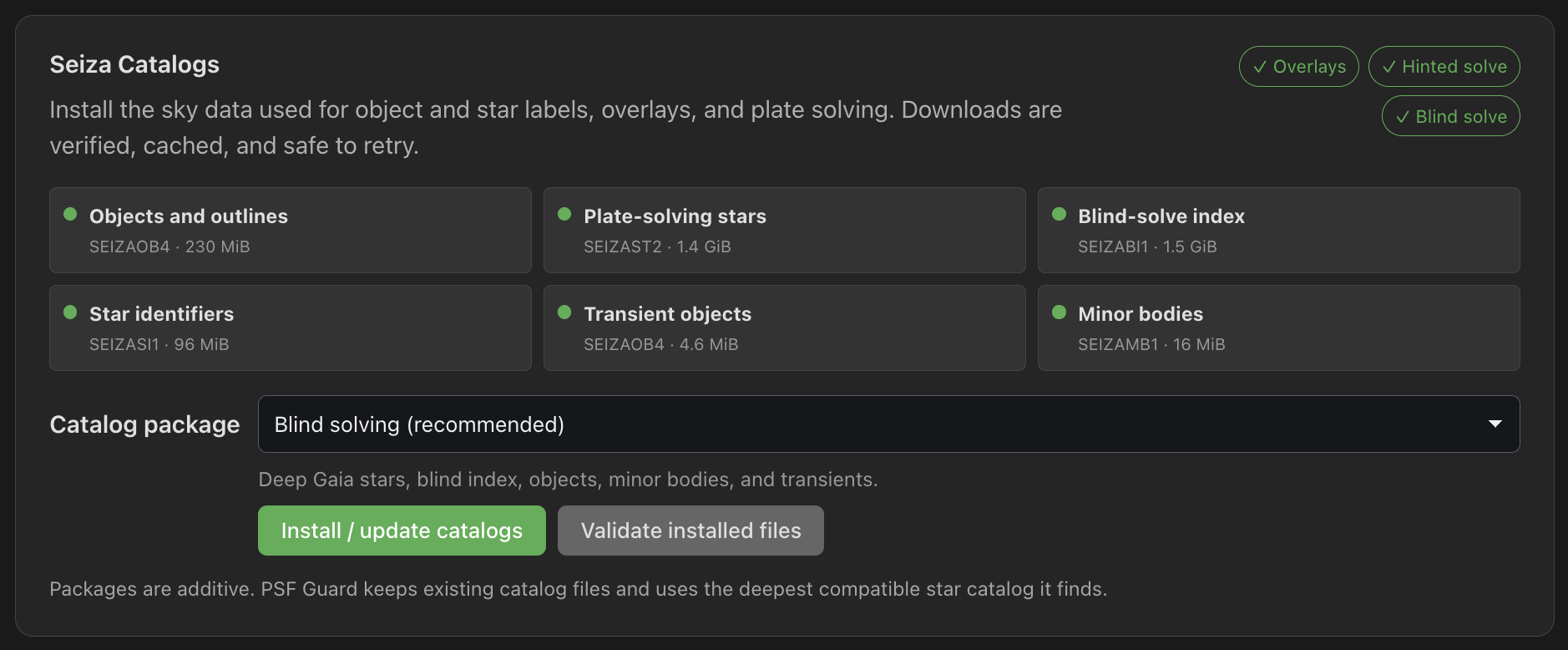 Installed catalog packages support overlays, hinted solves and blind solves.